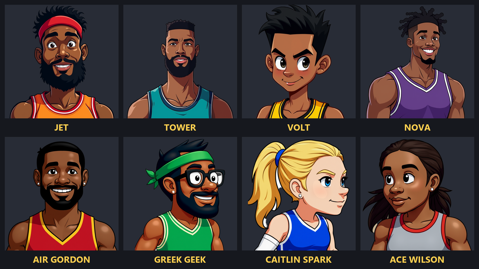 The eight playable characters in Slam Session
