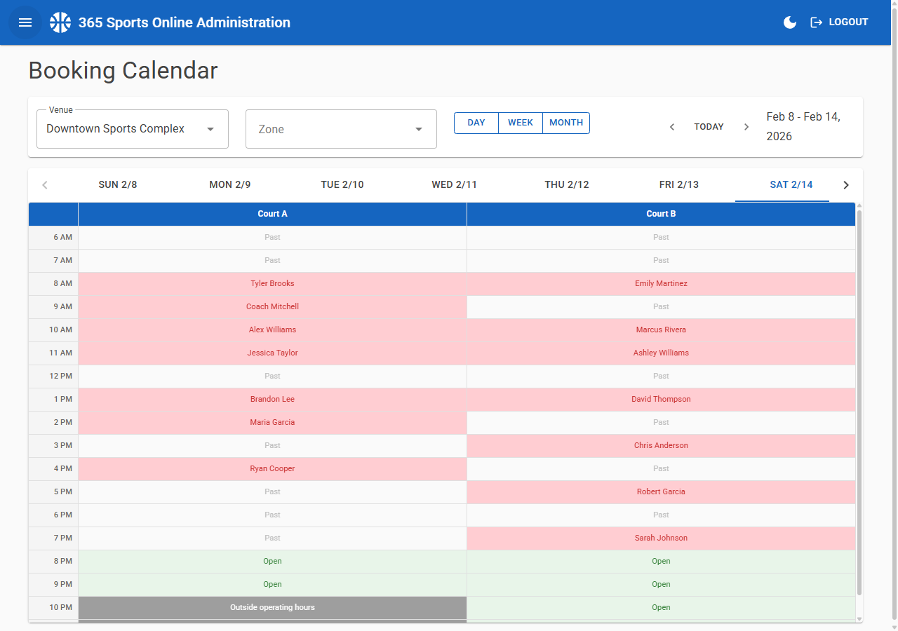 Booking Calendar - Day view with court availability and customer bookings