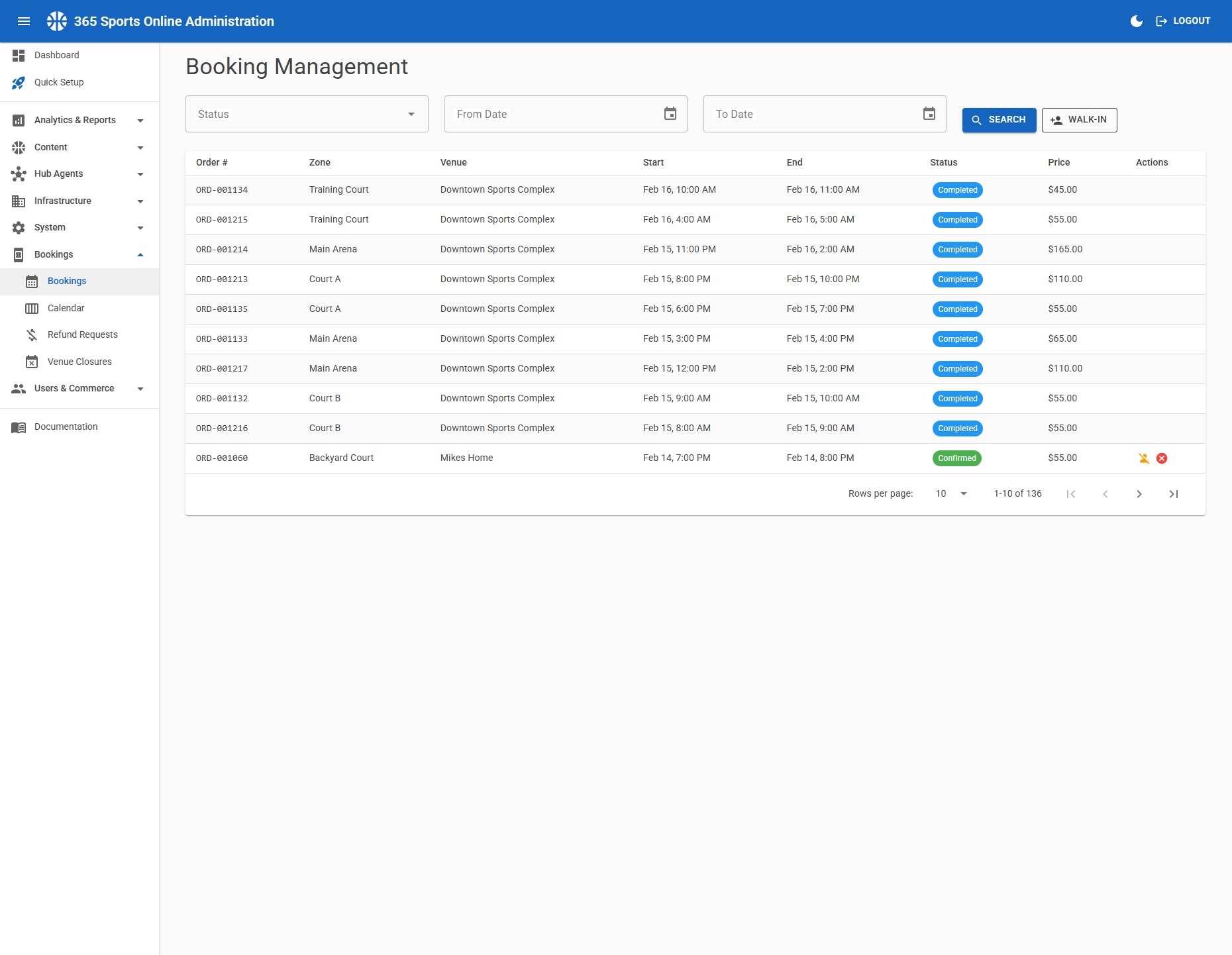 Booking Management - Track court reservations with order numbers, zones, dates, and pricing